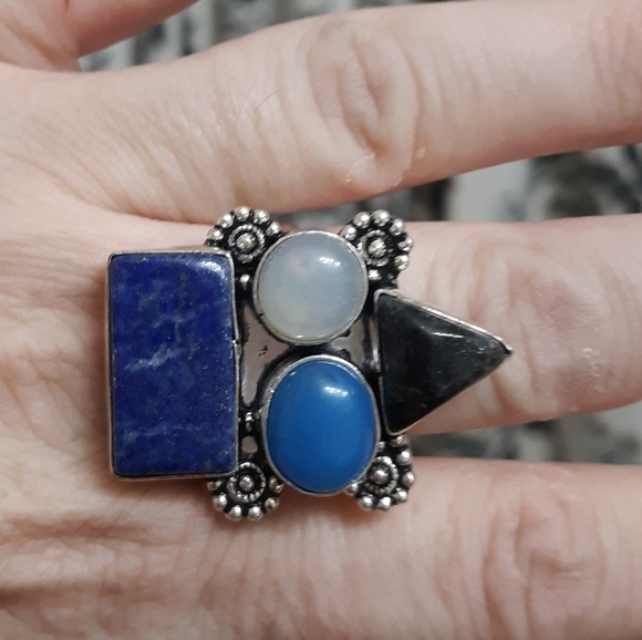 New Black Onyx, Lapis Lazuli, Chalcedony 925 Silver Ring. - Picture 4 of 7
